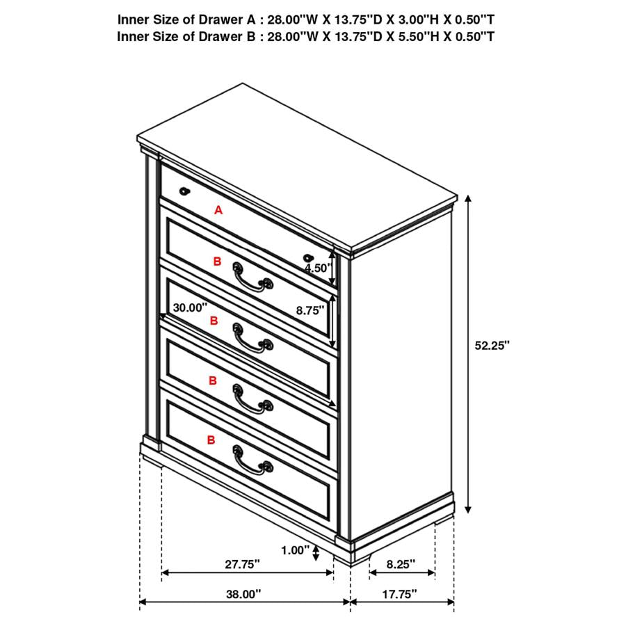 Hillcrest 5-Drawer Chest Dark Rum And White