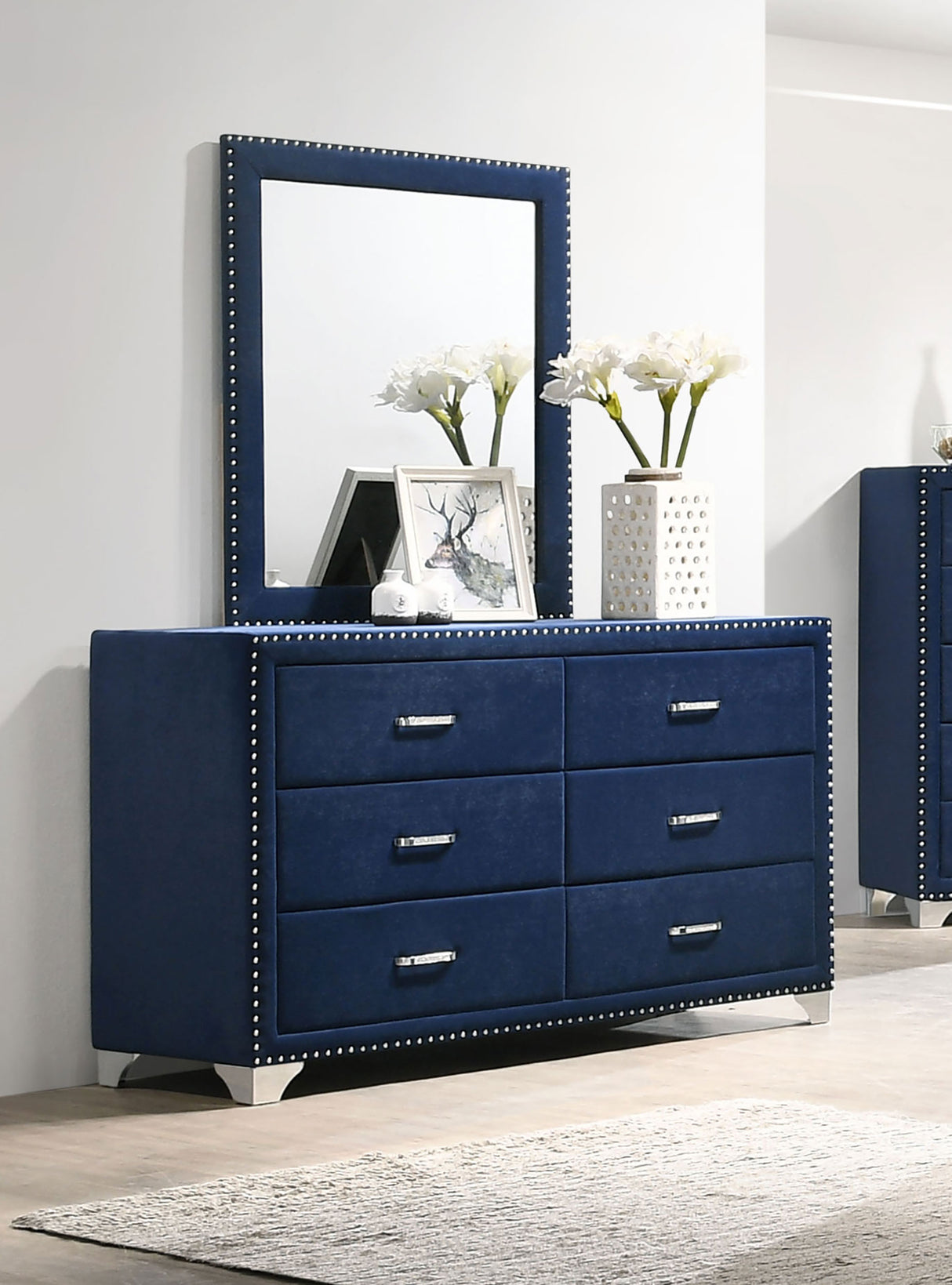 Melody Pacific Blue 6-Drawer Upholstered Dresser With Mirror