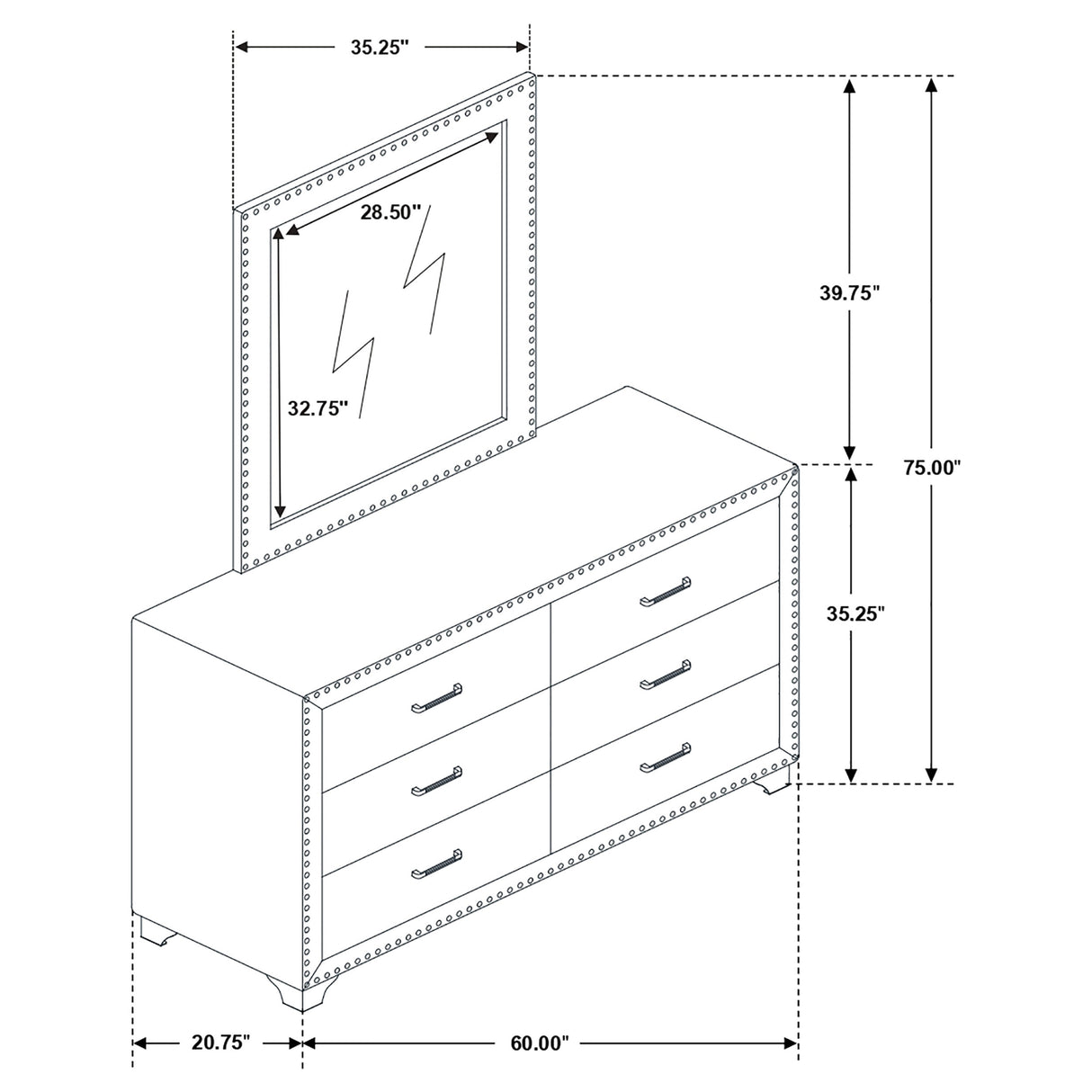 Melody Pacific Blue 6-Drawer Upholstered Dresser With Mirror