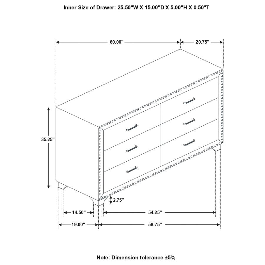 Melody 6-Drawer Upholstered Dresser Grey