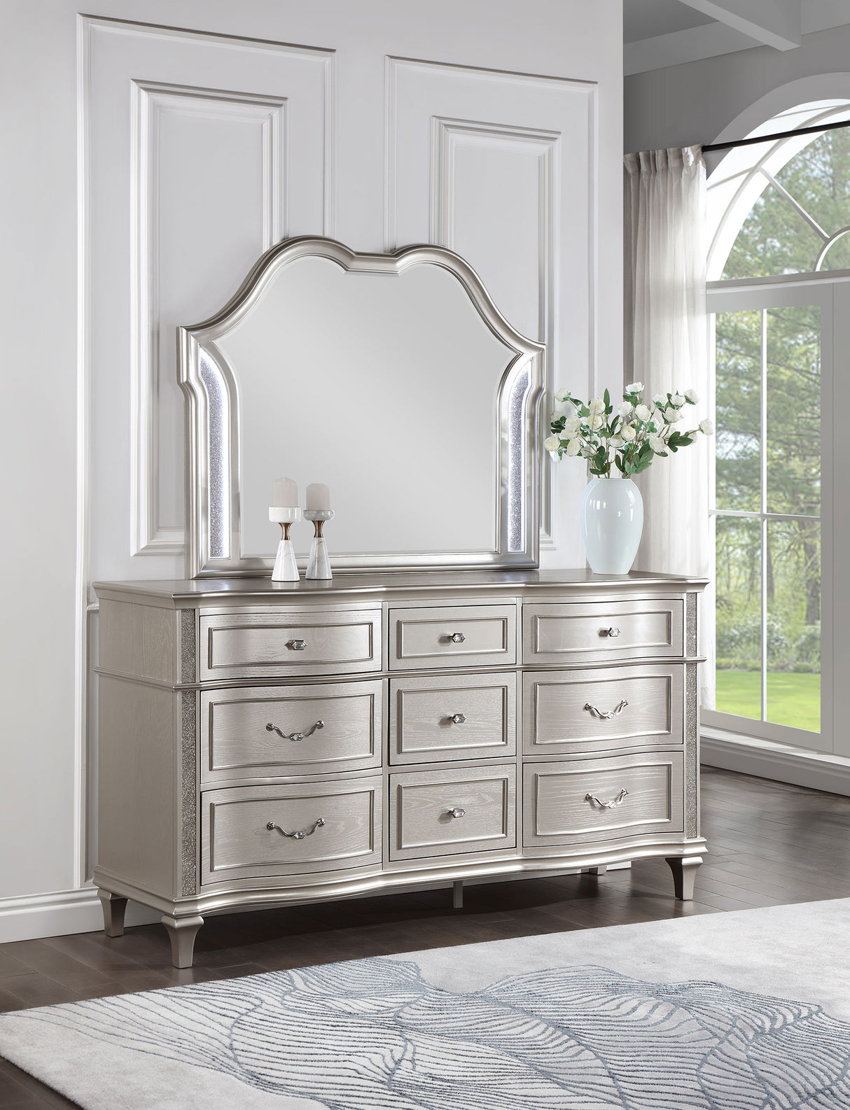 Evangeline Silver Oak 9-Drawer Dresser With Mirror