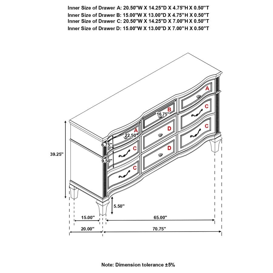 Evangeline 9-Drawer Dresser Silver Oak