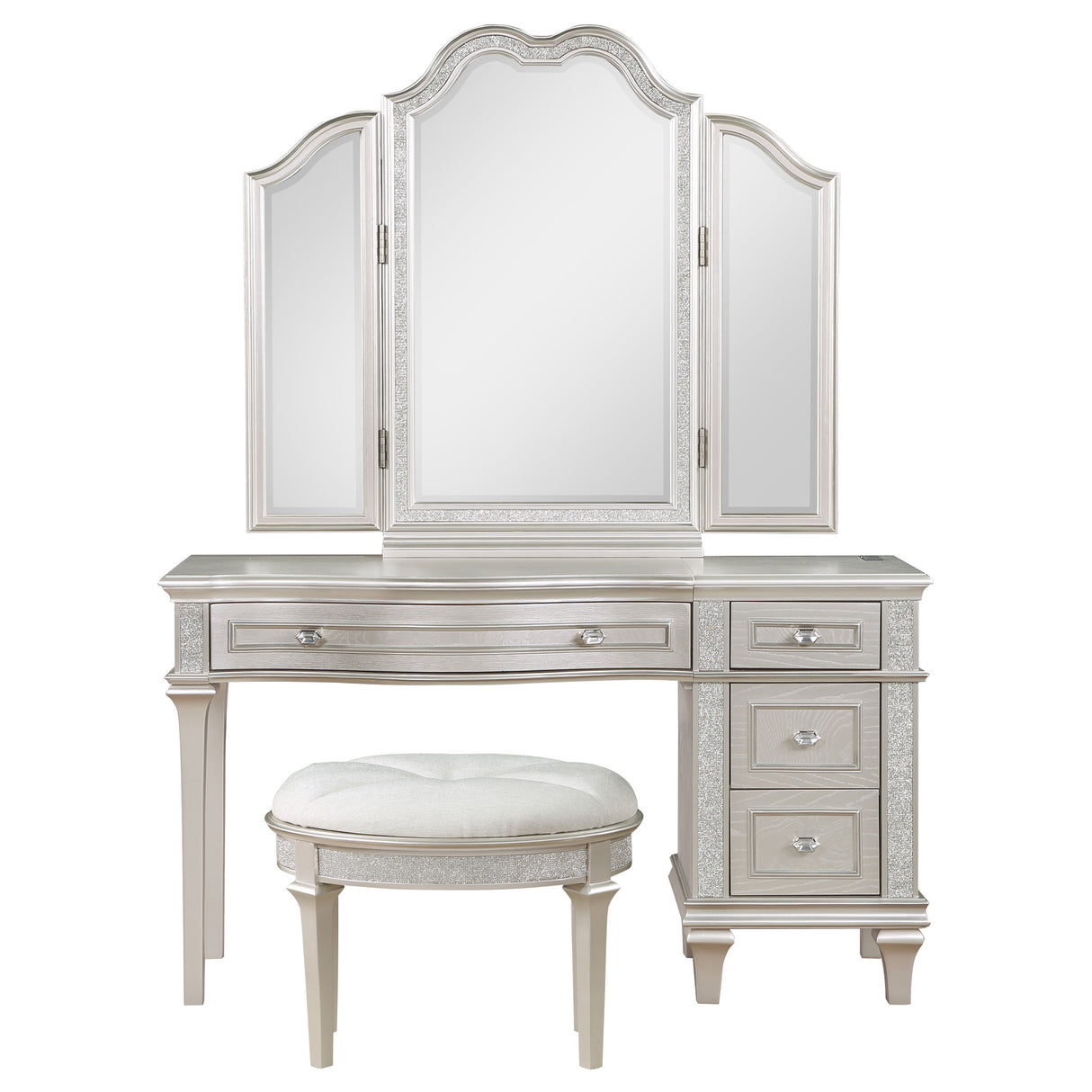 Evangeline Silver Oak 4-Drawer Vanity Set With Stool