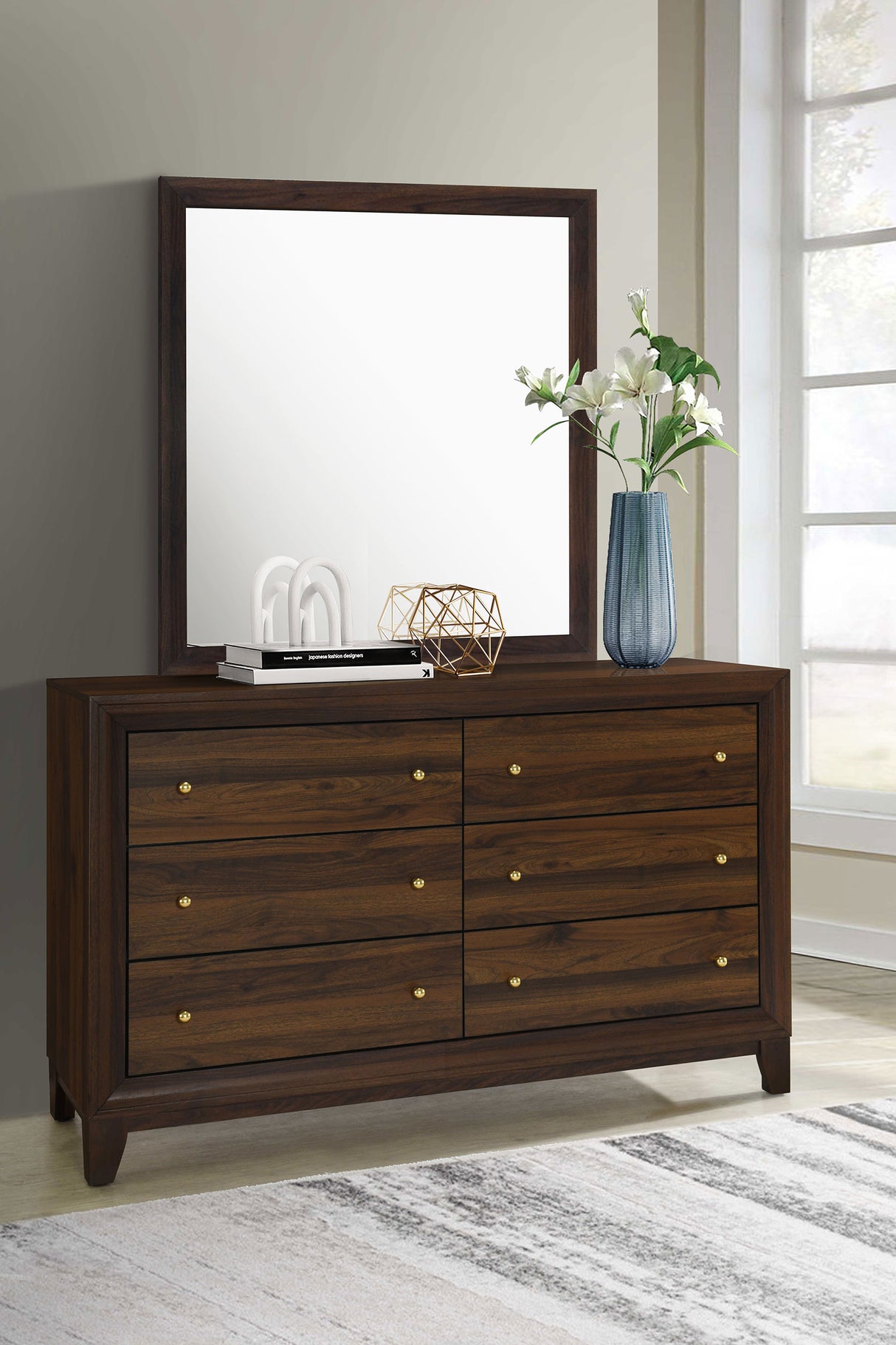 Welsley Walnut 6-Drawer Dresser And Mirror