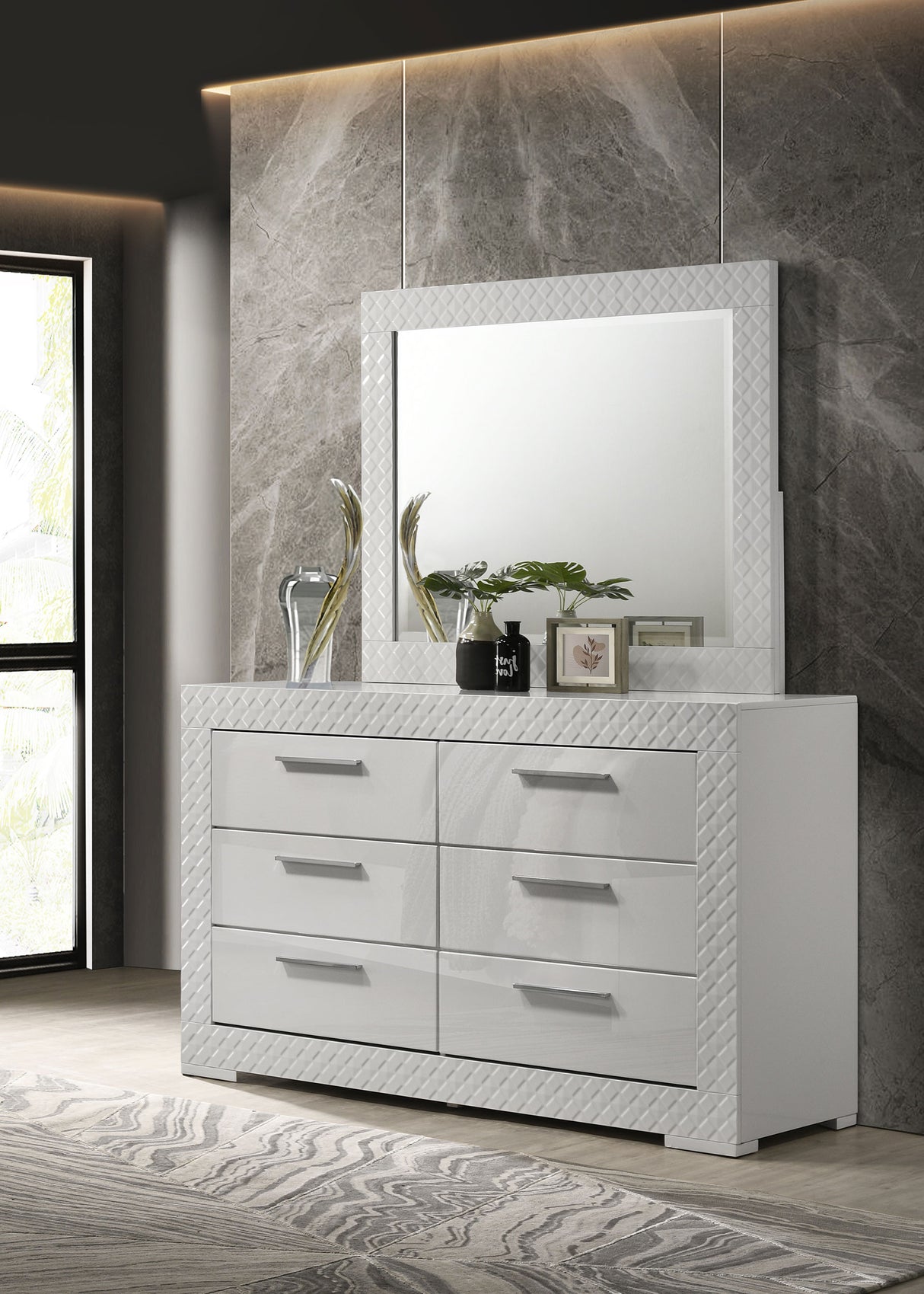 Ives White High Gloss 6-Drawer Dresser And Mirror