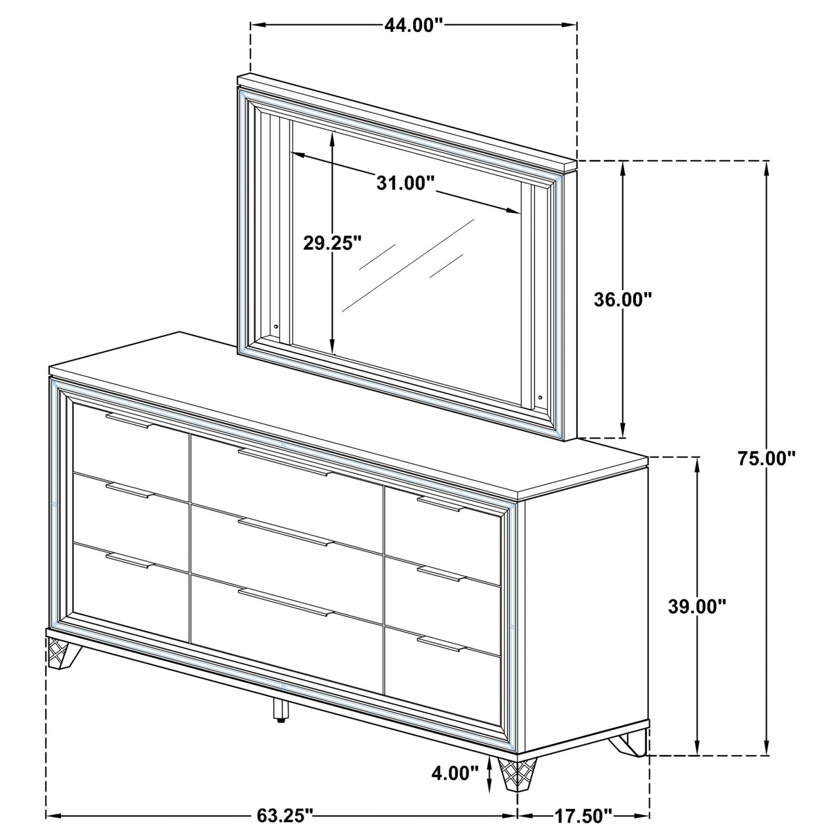 Marmore White 9-Drawer Dresser And Led Mirror