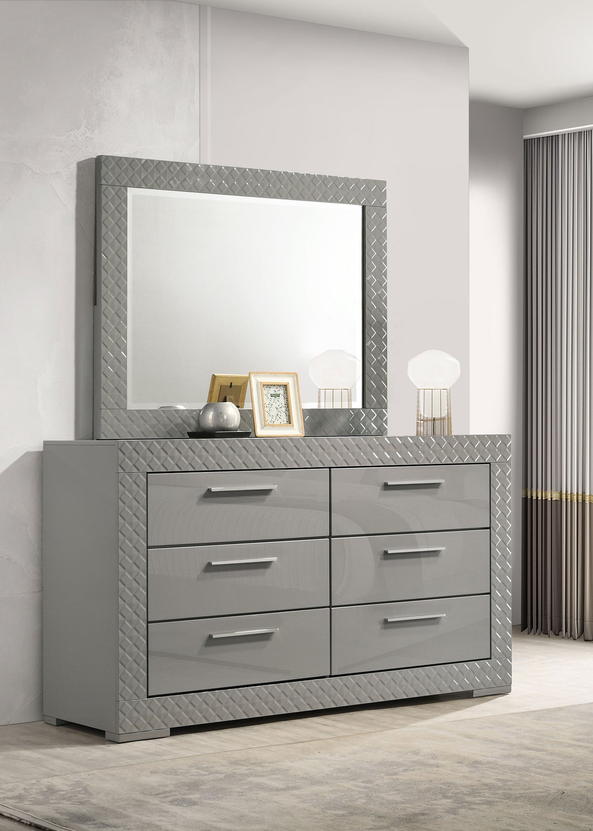 Ives Grey High Gloss 6-Drawer Dresser And Mirror