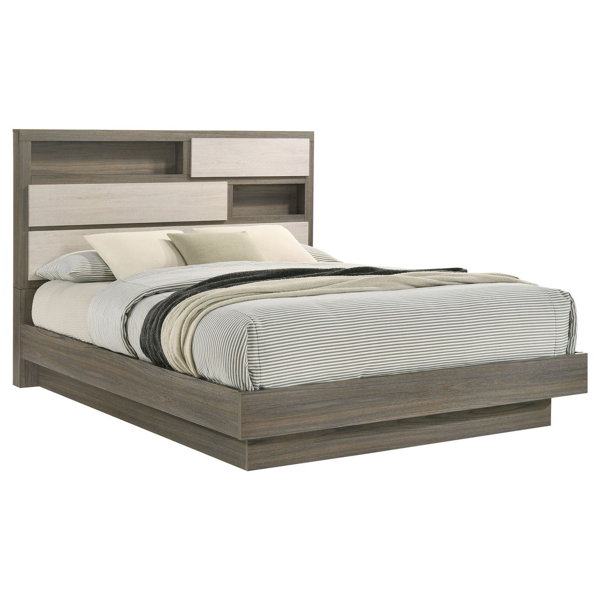 Fenwick Grey Oak/Almond Queen Bed Bookcase Headboard Oak