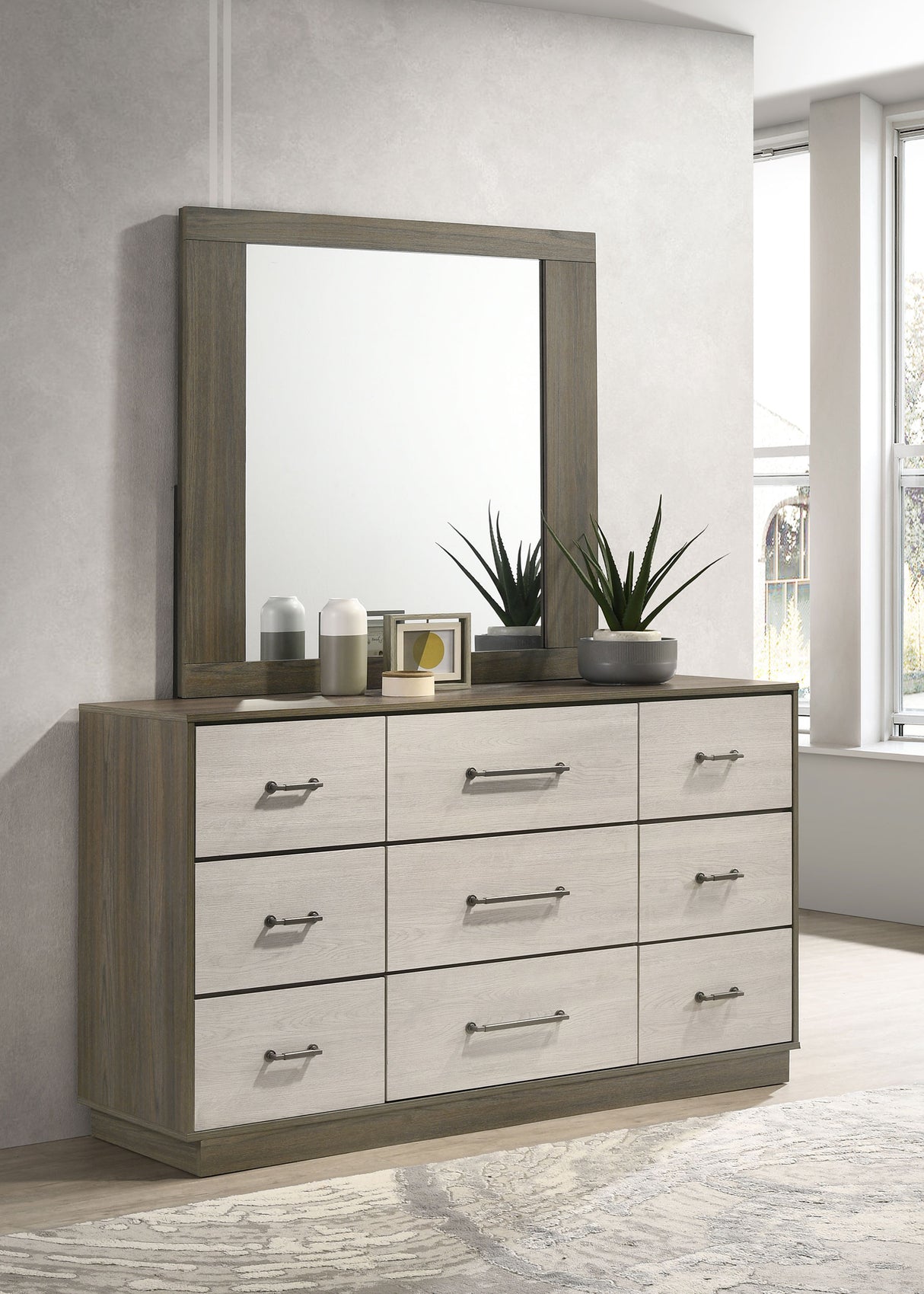 Fenwick Grey Oak/Almond 9-Drawer Dresser With Mirror Oak