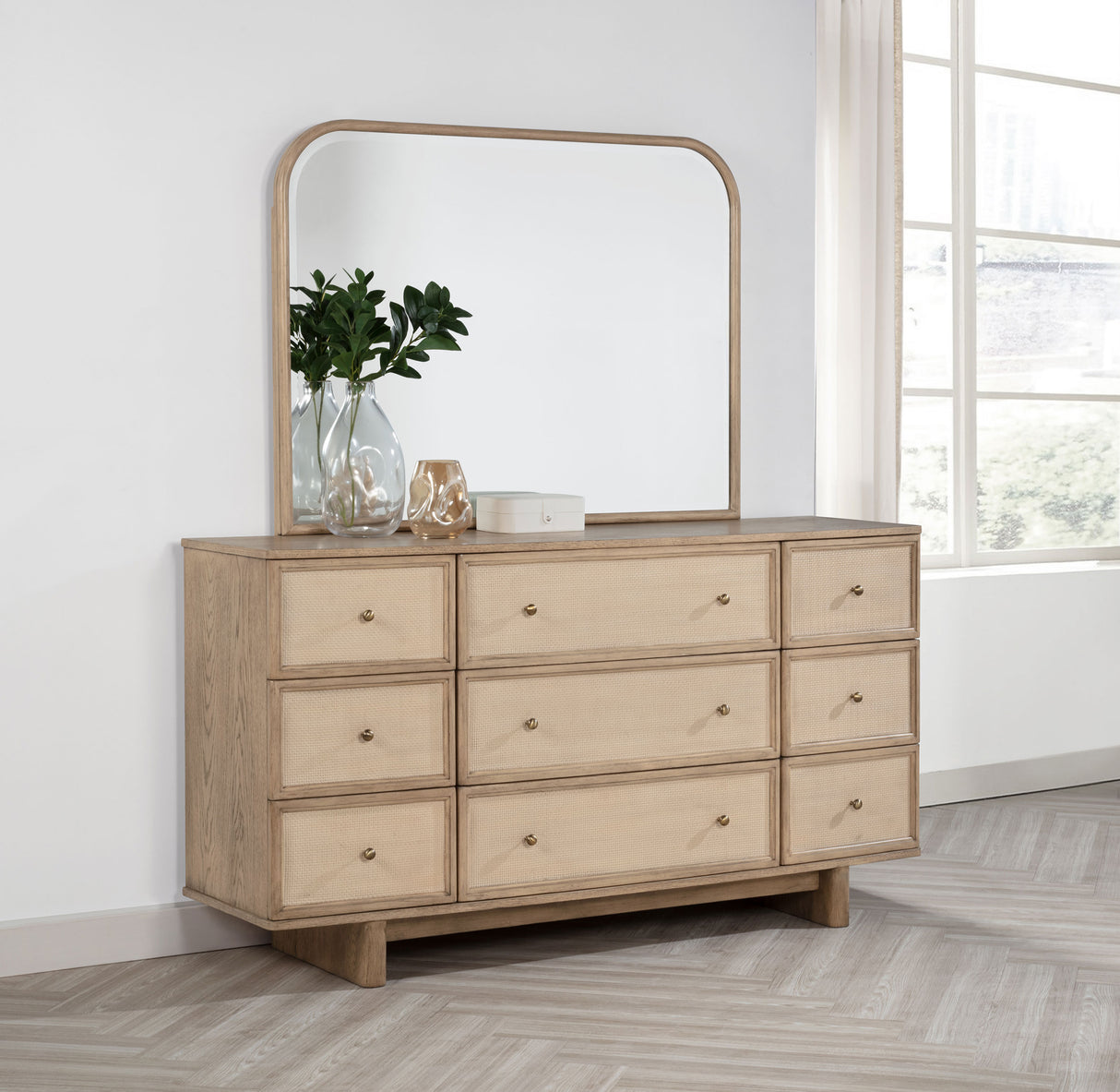 Kailani Beige Oak 9-Drawer Dresser And Mirror