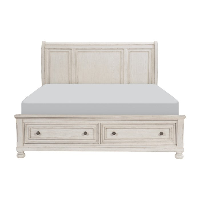 Bethel Wire-Brushed White Queen Platform Bed With Footboard Storage