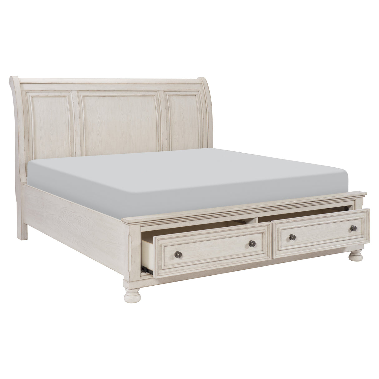 Bethel Wire-Brushed White Eastern King Platform Bed With Footboard Storage