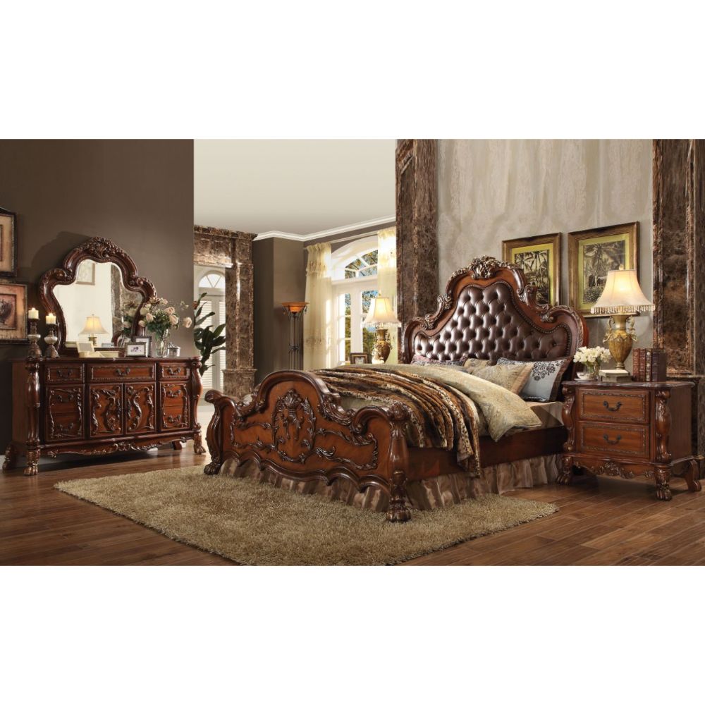 Dresden Cherry Synthetic Leather & Cherry Oak Finish Eastern King Bed