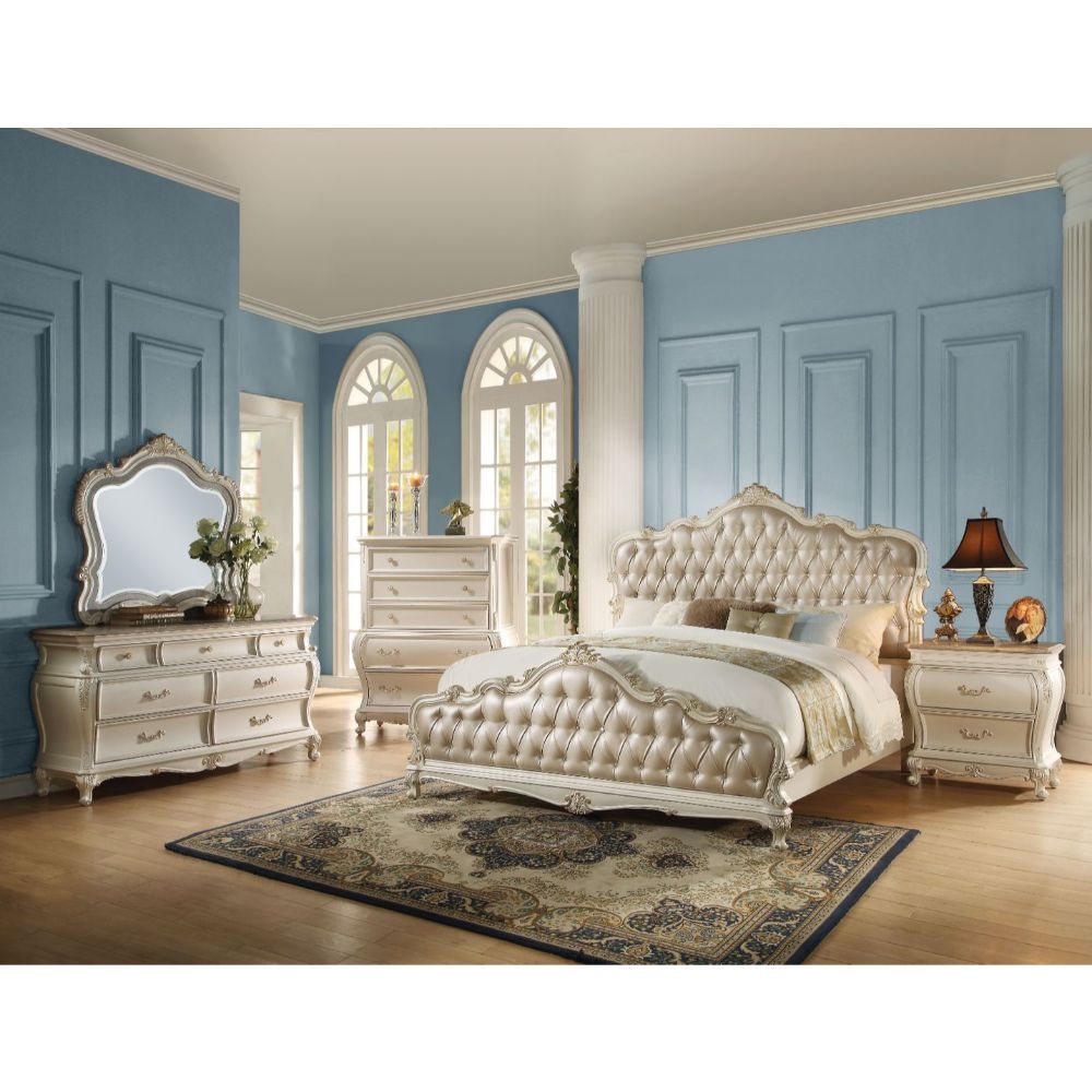 Chantelle Rose Gold Synthetic Leather & Pearl White Finish Eastern King Bed