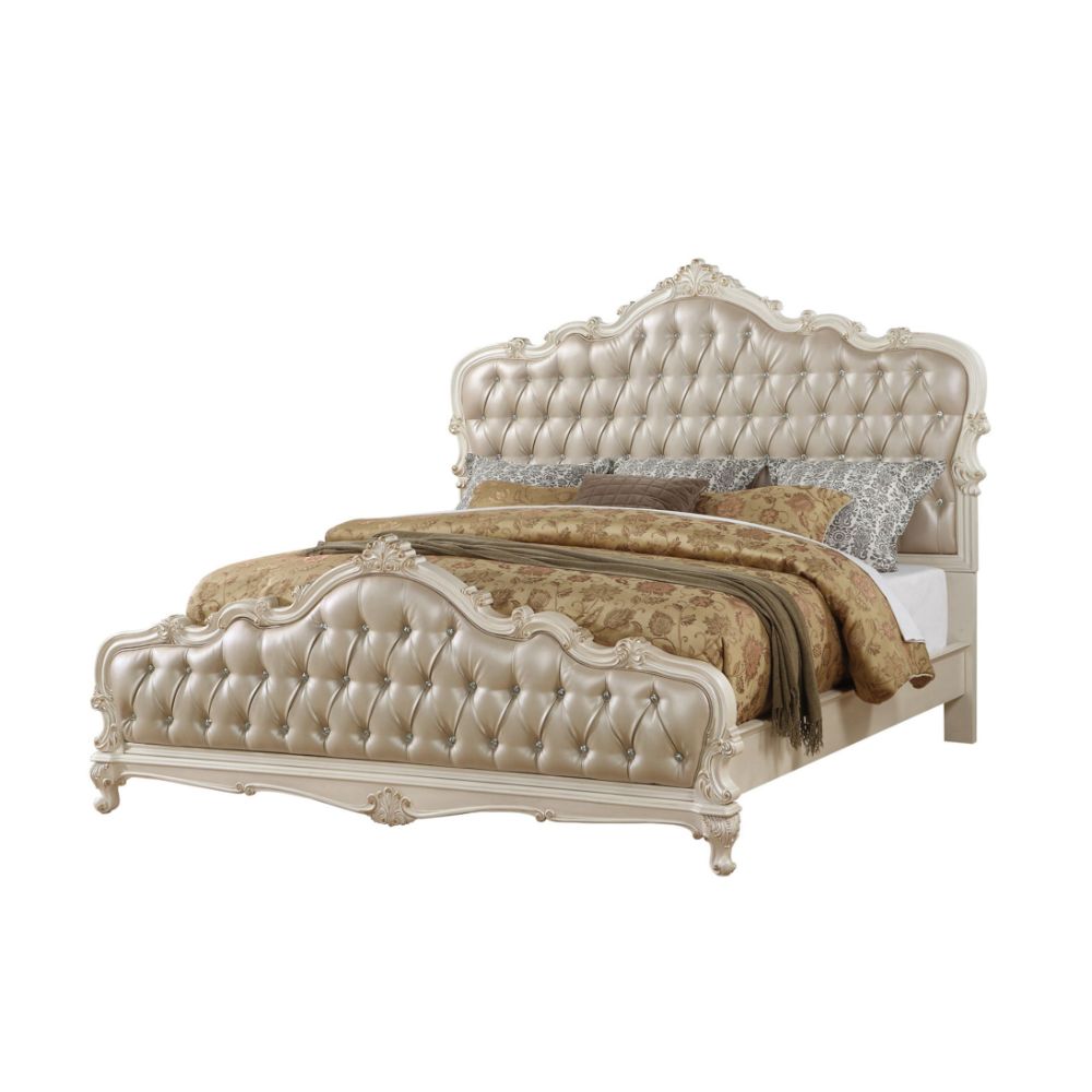 Chantelle Rose Gold Synthetic Leather & Pearl White Finish Queen Bed