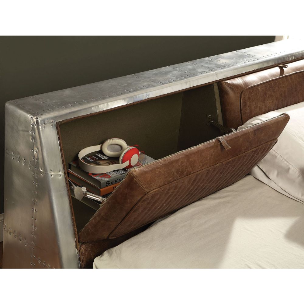 Brancaster Retro Brown Top Grain Leather & Aluminum Queen Bed