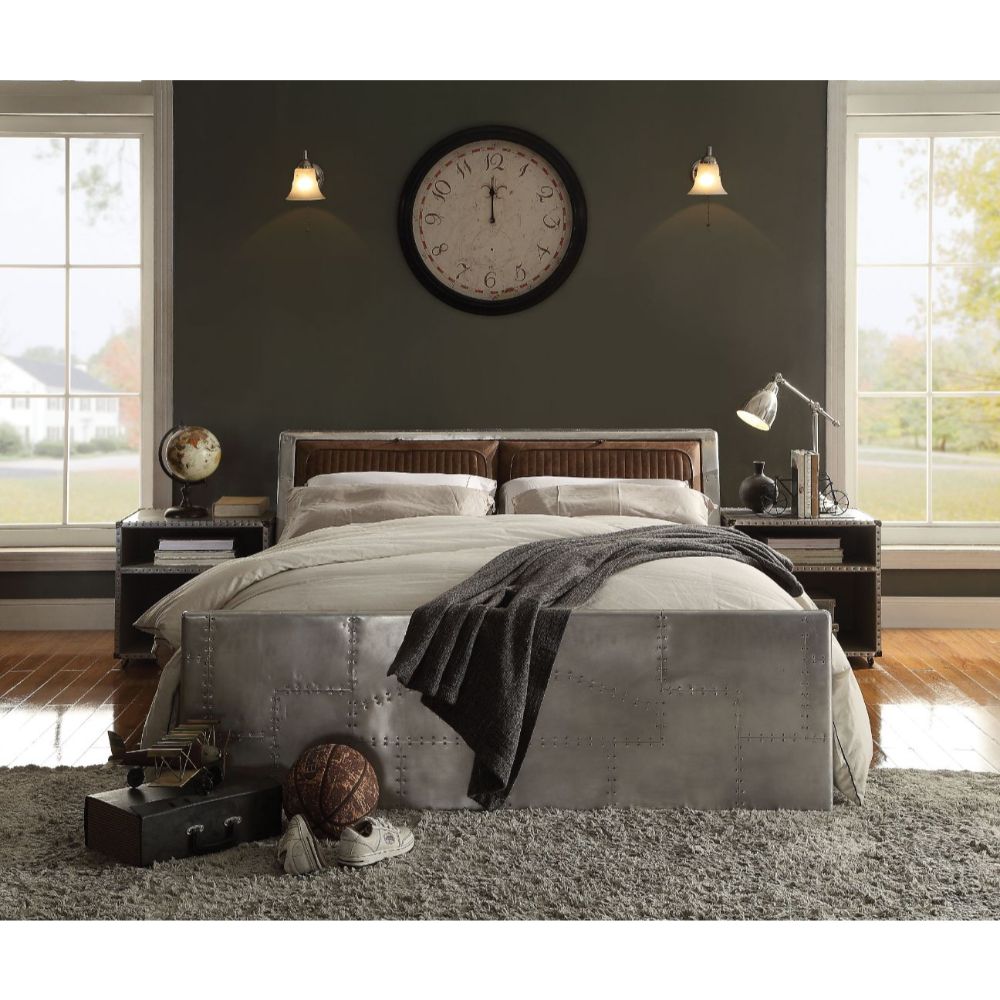 Brancaster Retro Brown Top Grain Leather & Aluminum Queen Bed