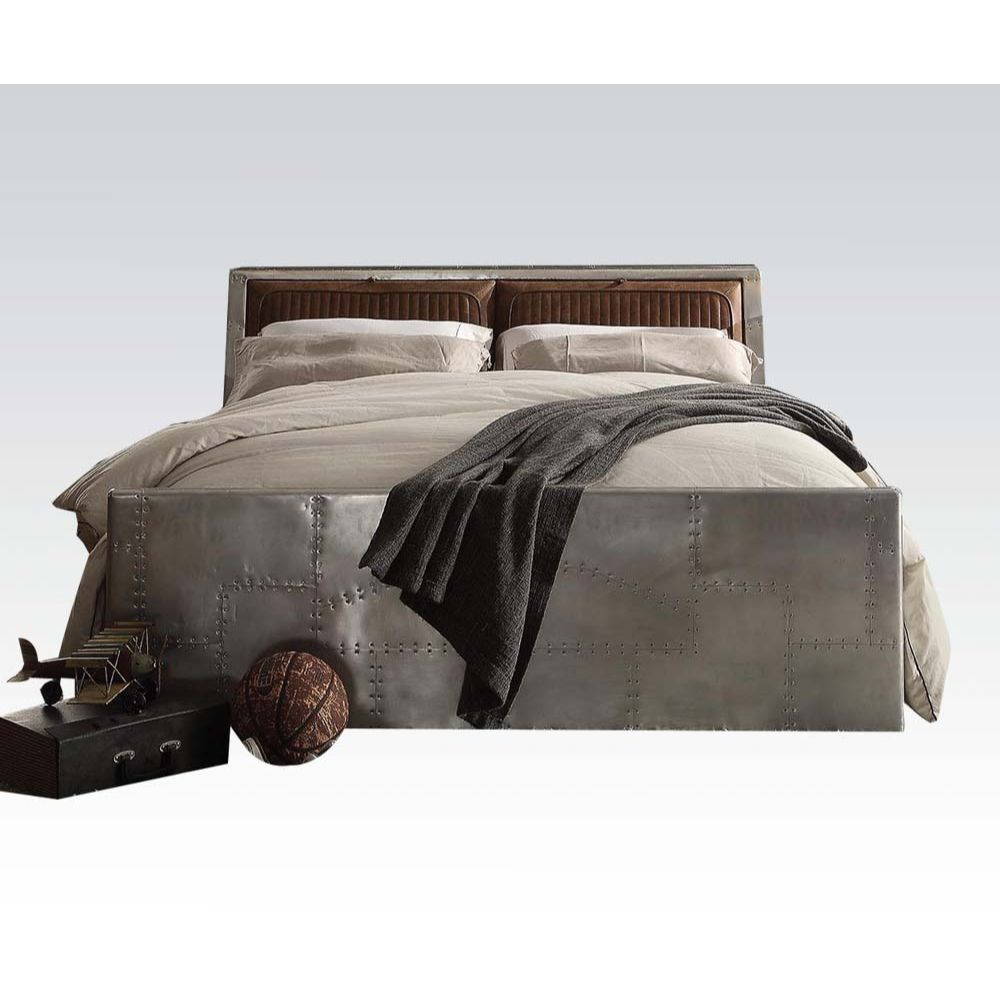 Brancaster Retro Brown Top Grain Leather & Aluminum Queen Bed