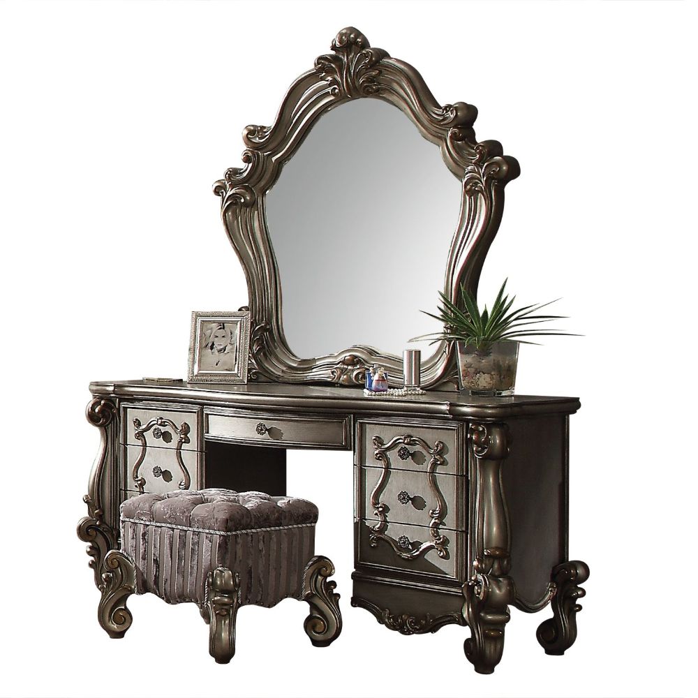 Versailles Fabric & Antique Platinum Finish Vanity Stool