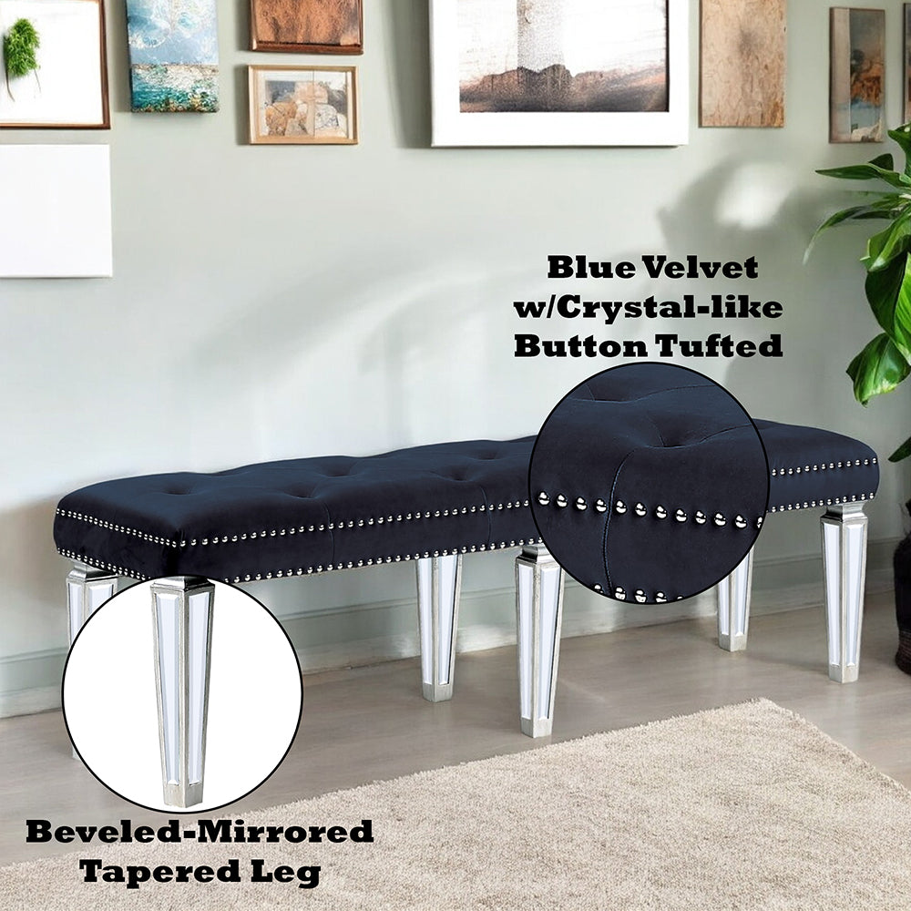 Acme Dark Navy Velvet & Mirrored Bench