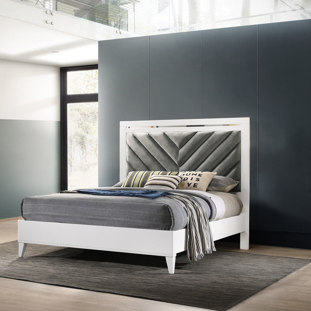 Chelsie Gray Fabric & White Finish Queen Bed