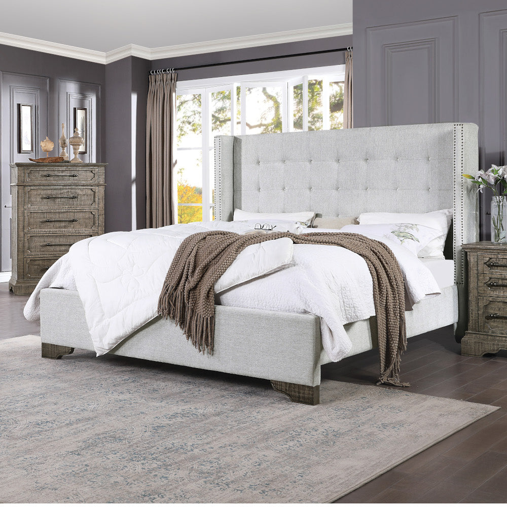 Artesia Tan Fabric & Salvaged Natural Finish Queen Bed