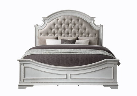 Florian Beige Synthetic Leather & Antique White Finish Eastern King Bed