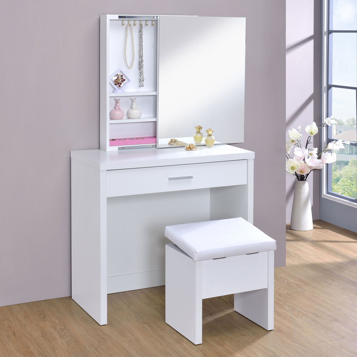 Harvey 2-Piece Vanity Set With Lift-Top Stool White