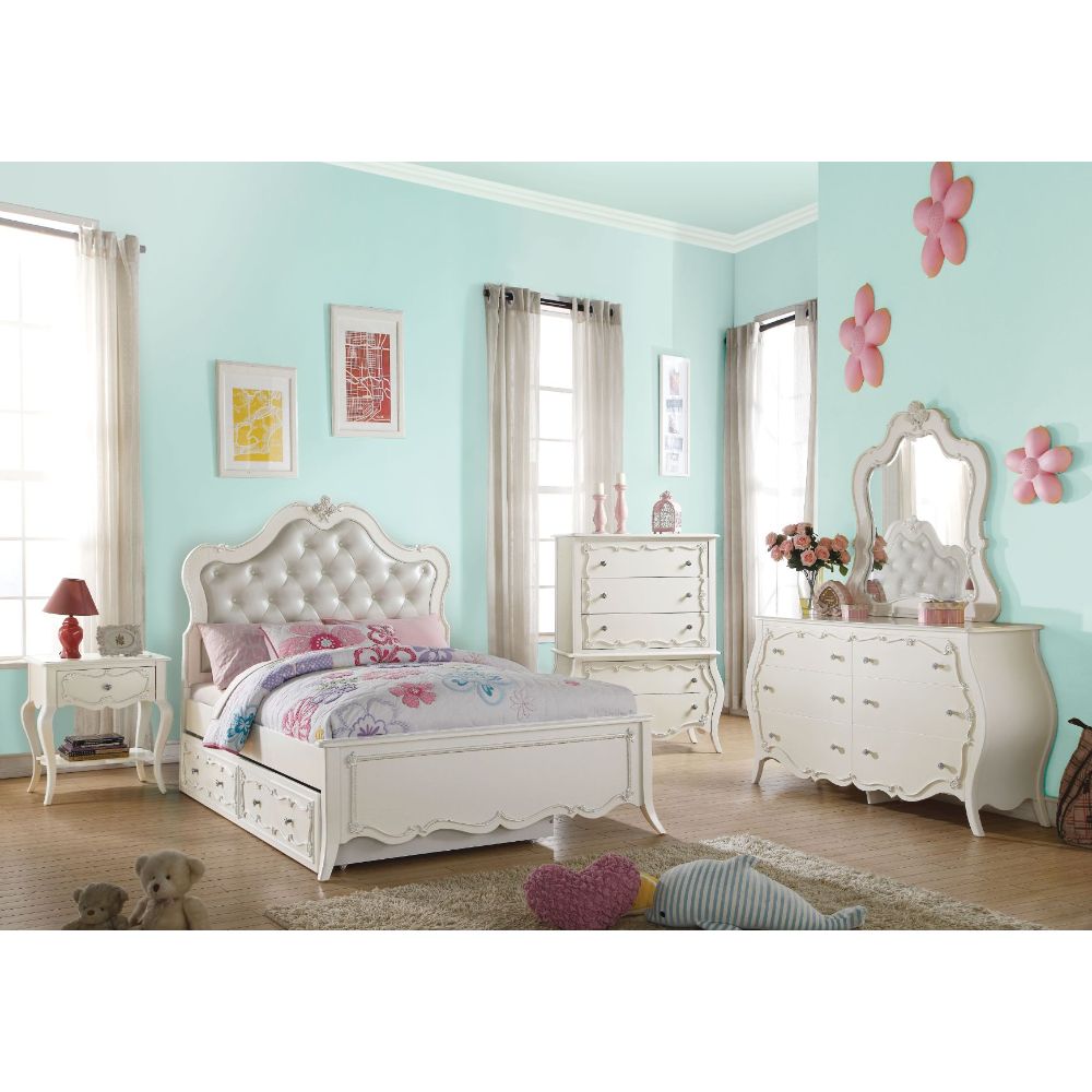 Edalene Pearl Synthetic Leather & Pearl White Finish Full Bed