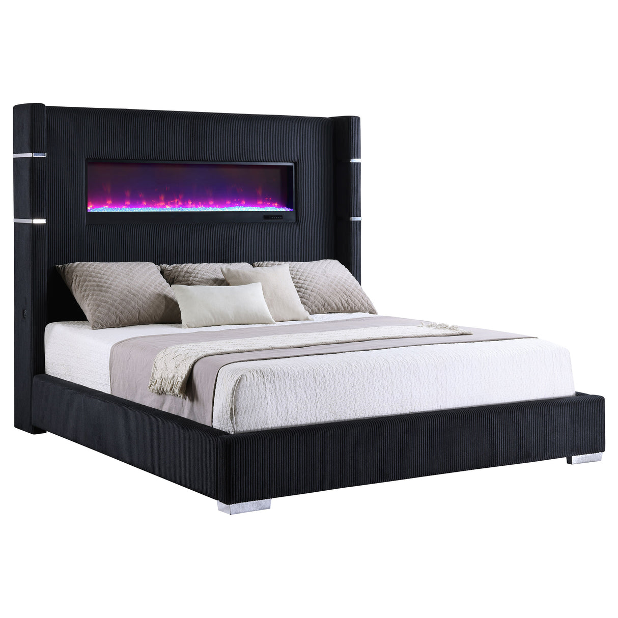 Tisdall Black 67-Inch Upholstered Cal King Fireplace Bed