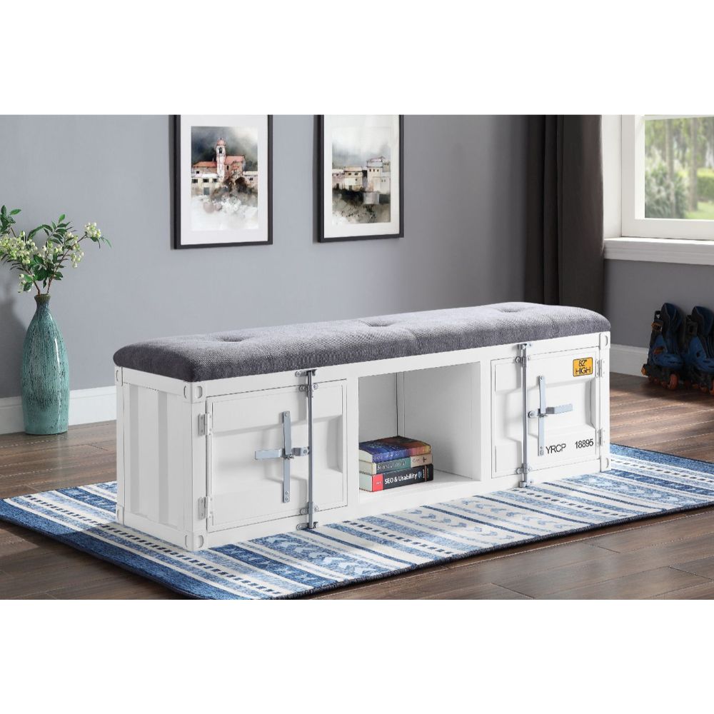 Cargo Gray Fabric & White Finish Bench