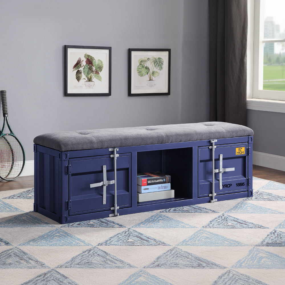 Cargo Gray Fabric & Blue Finish Bench