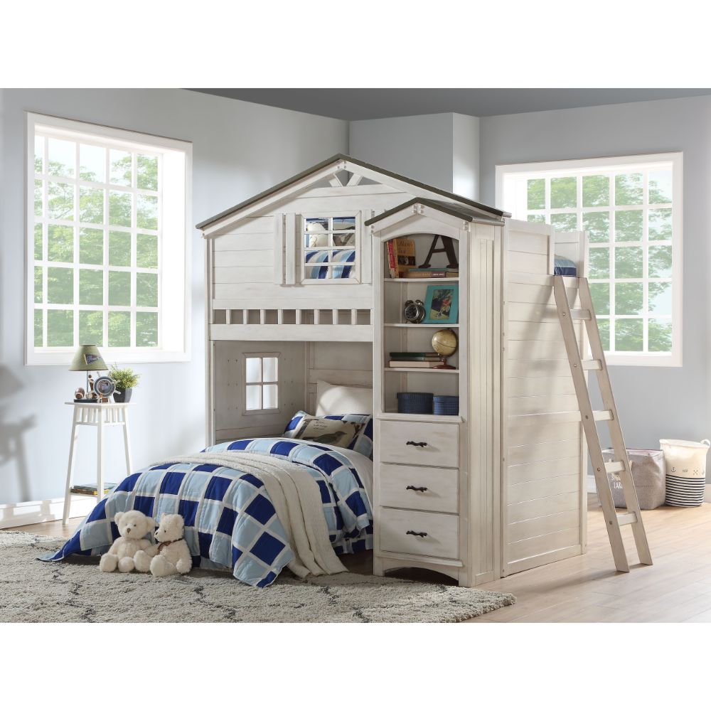 Tree Weathered White & Washed Gray Finish House Loft Bed