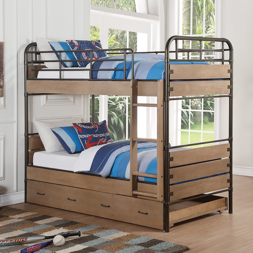 Adams Antique Oak & Gunmetal Finish Twin/Twin Bunk Bed & Trundle