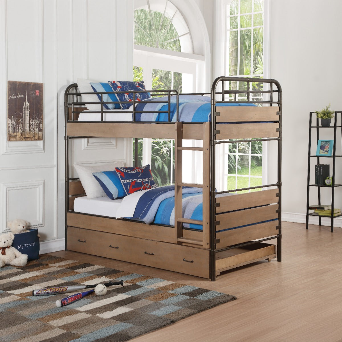 Adams Antique Oak & Gunmetal Finish Twin/Twin Bunk Bed & Trundle