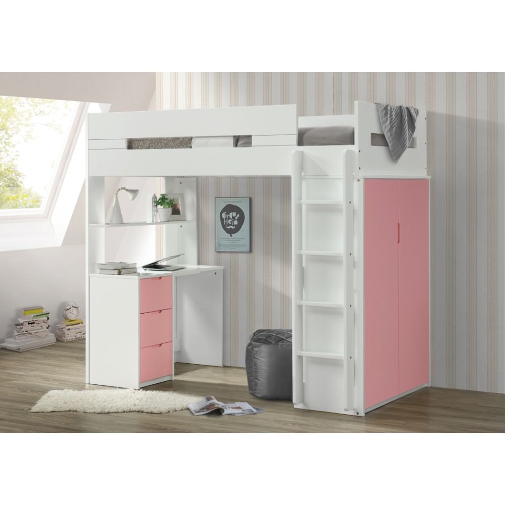 Nerice White & Pink Finish Loft Bed