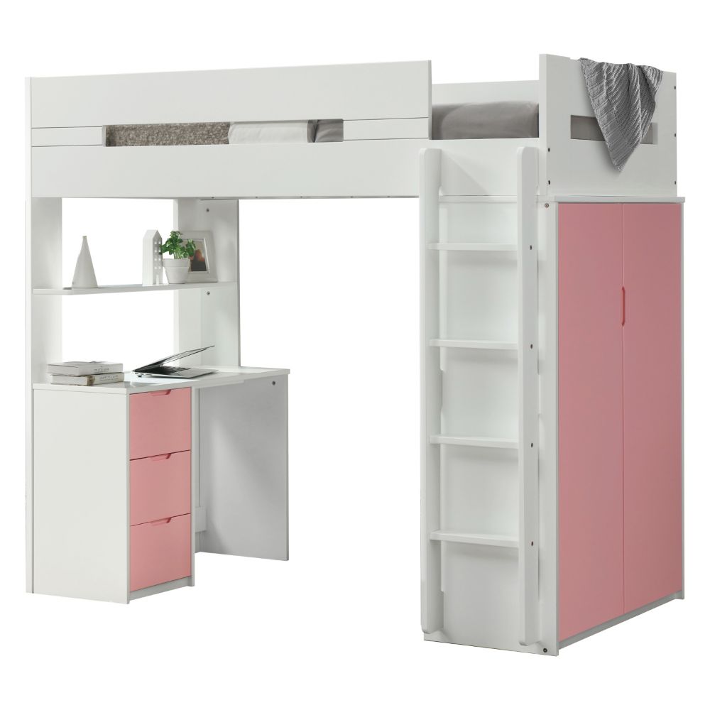 Nerice White & Pink Finish Loft Bed