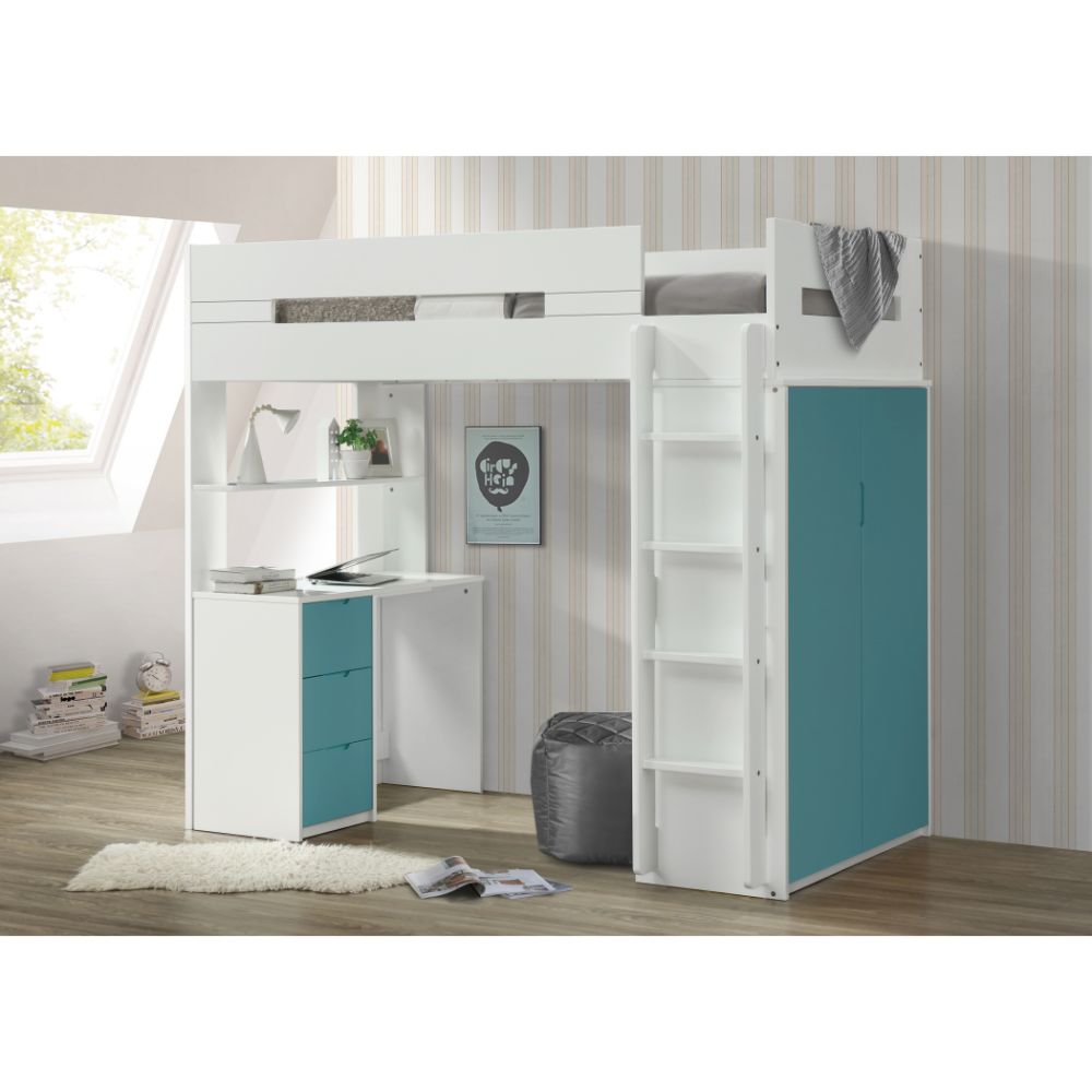 Nerice White & Teal Finish Loft Bed