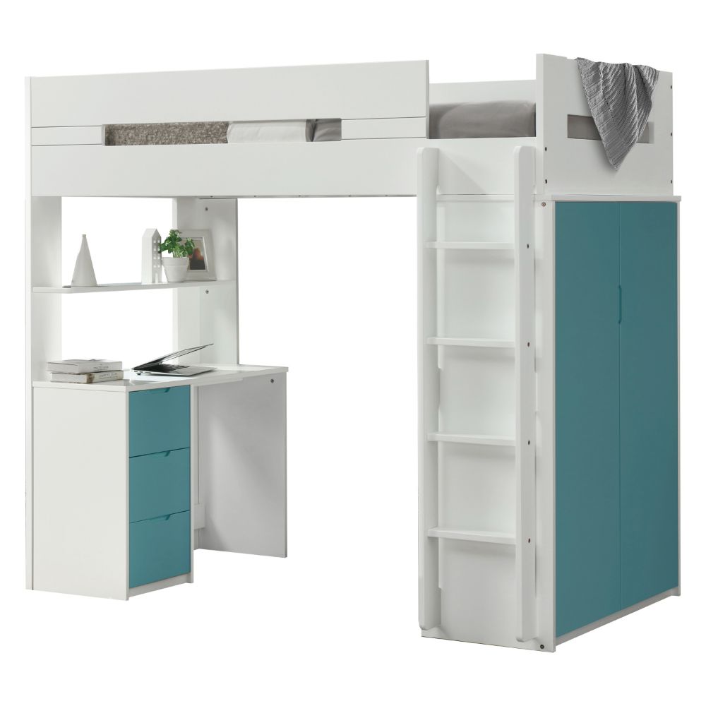 Nerice White & Teal Finish Loft Bed