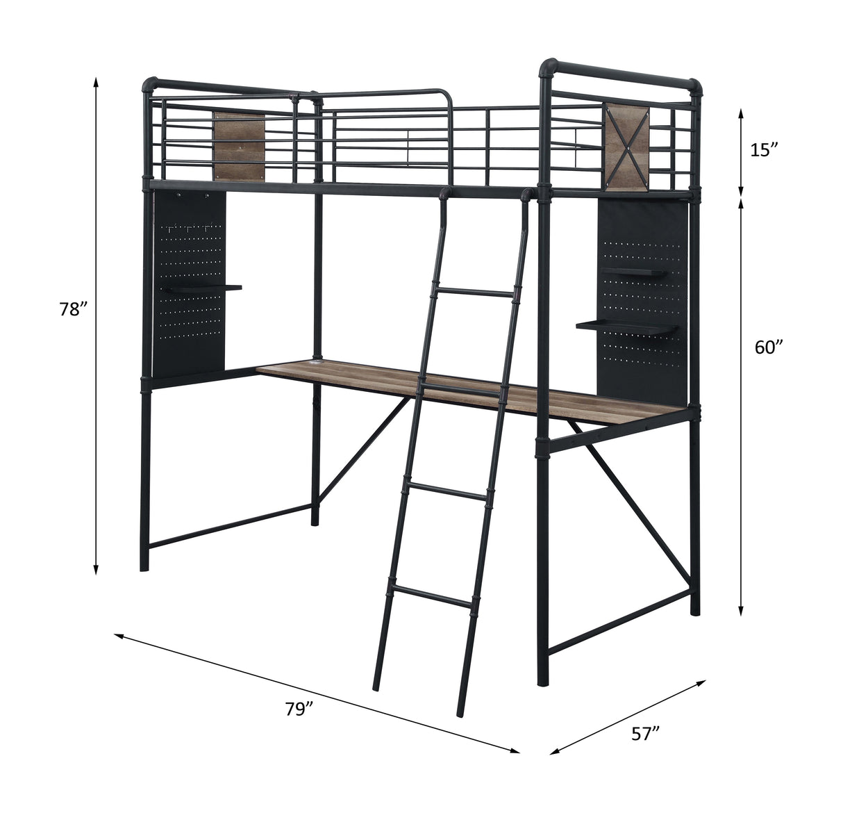 Cordelia Antique Oak, Sandy Black & Dark Bronze Hand-Brushed Finish Twin Loft Bed