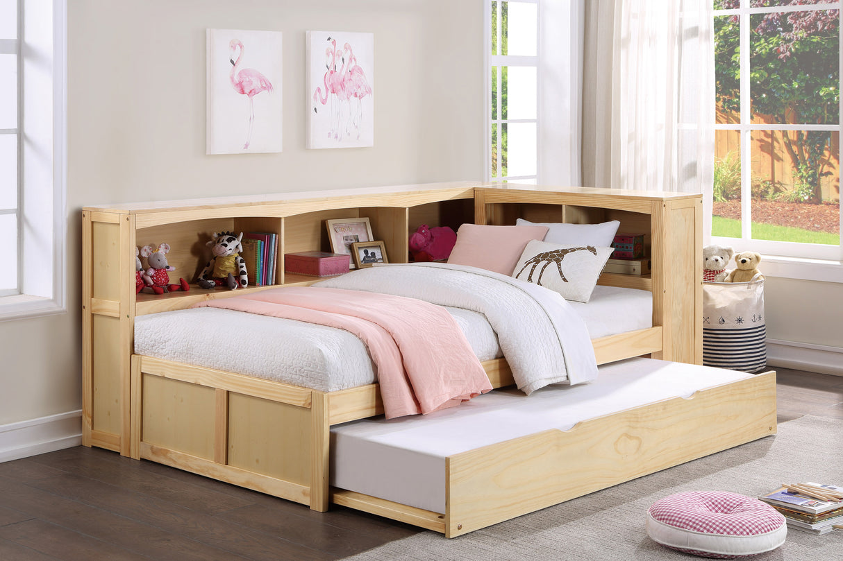 Bartly Natural Pine Twin Bookcase Corner Bed With Trundle