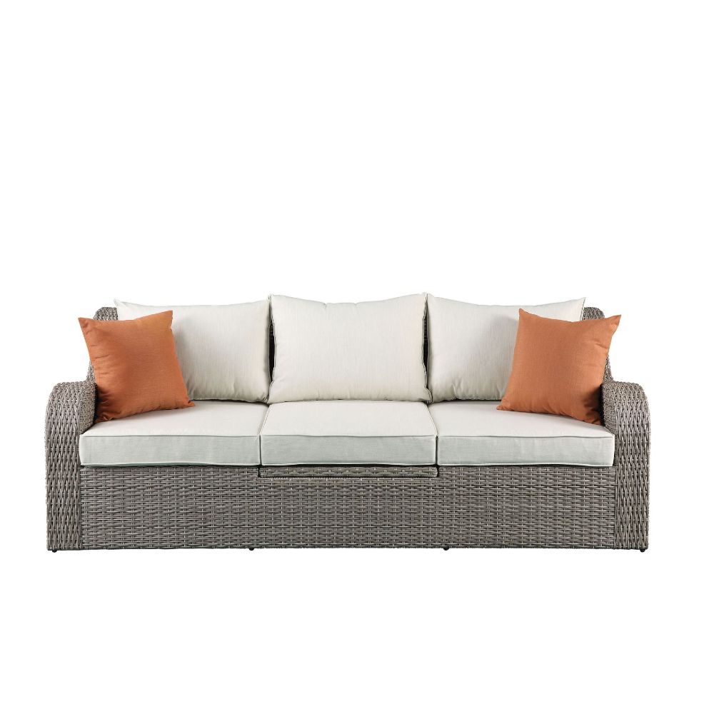 Salena Beige Fabric & Gray Wicker Patio Sofa & Ottoman