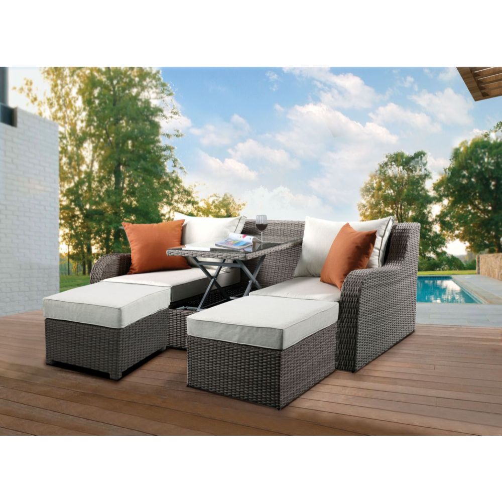 Salena Beige Fabric & Gray Wicker Patio Sofa & Ottoman