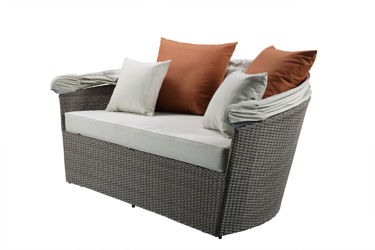 Glynn Beige Fabric & Gray Wicker Patio Sofa & Ottoman