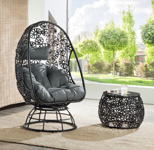 Hikre Clear Glass, Charcoal Fabric & Black Wicker Patio Lounge Chair