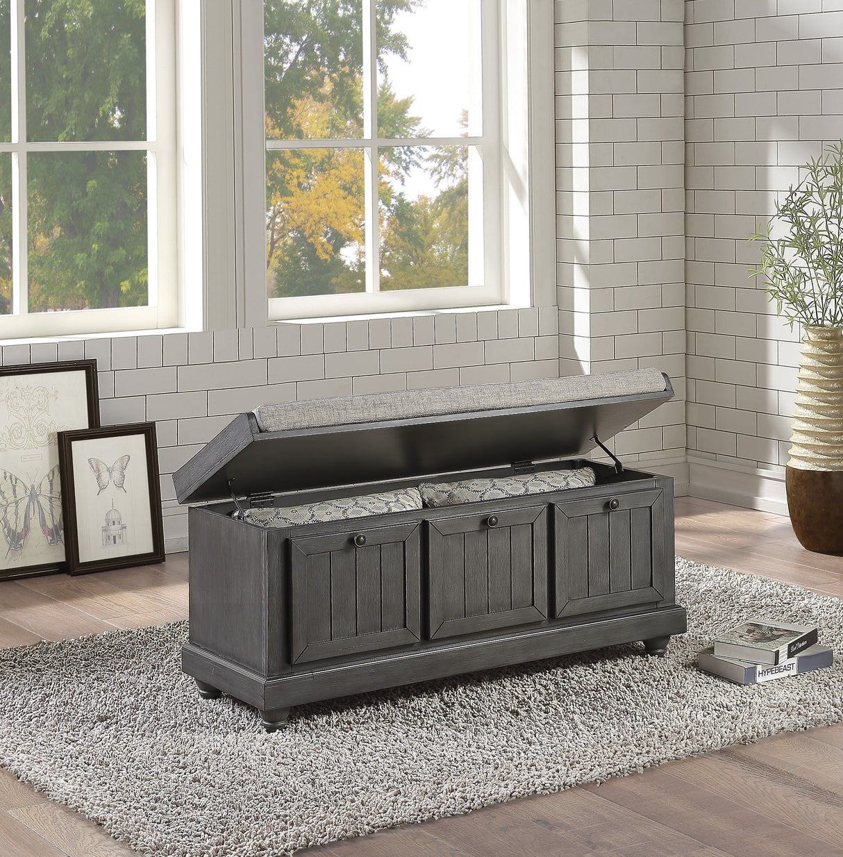 Woodwell Dark Gray Lift Top Storage Bench