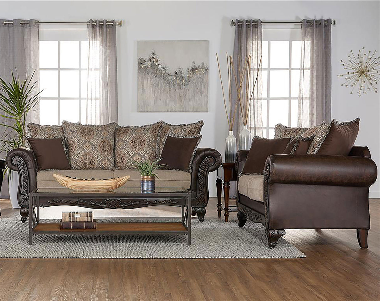 Elmbrook Brown 2-Piece Upholstered Rolled Arm Sofa Set