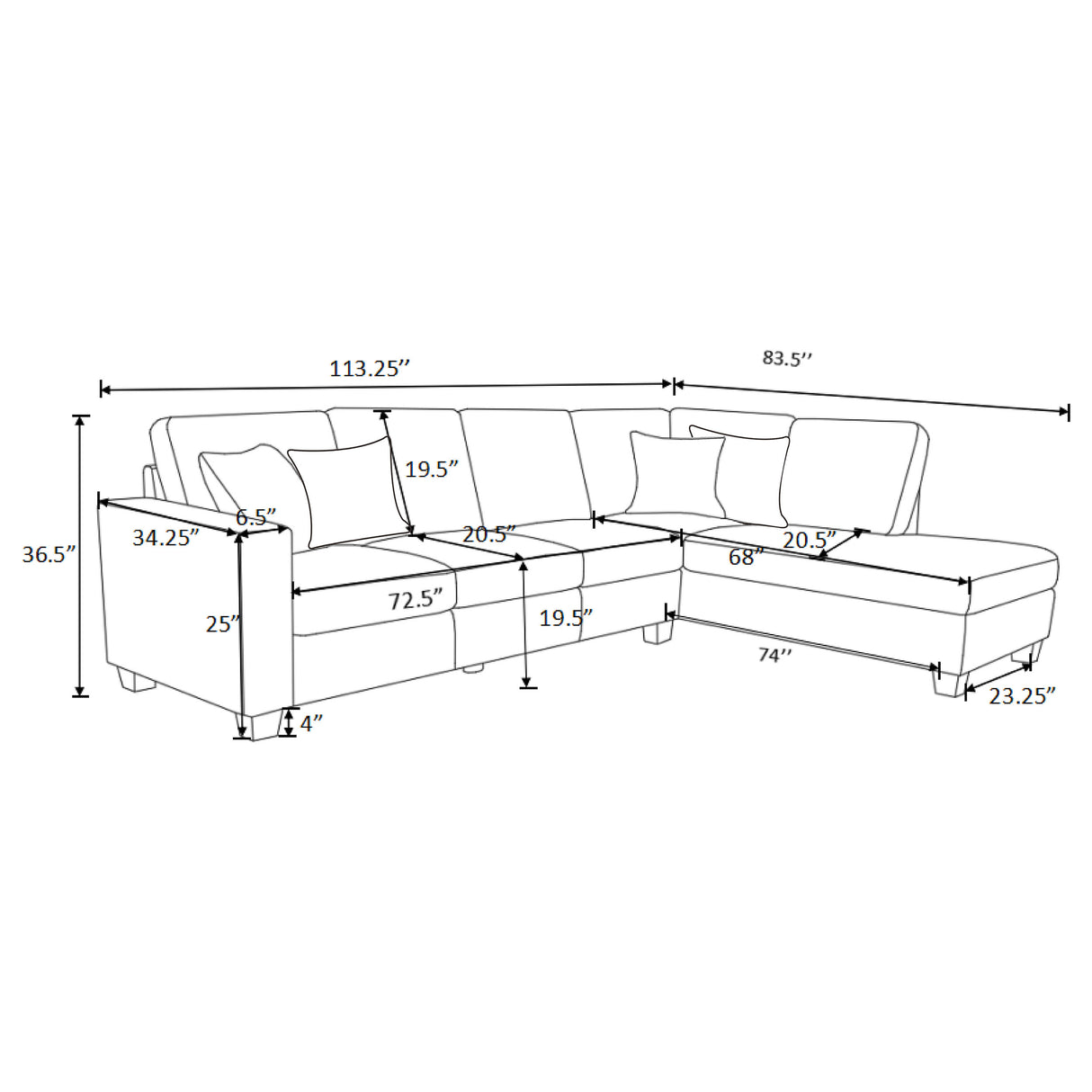 Whitson Stone Upholstered Track Arm Sectional Chaise Sofa