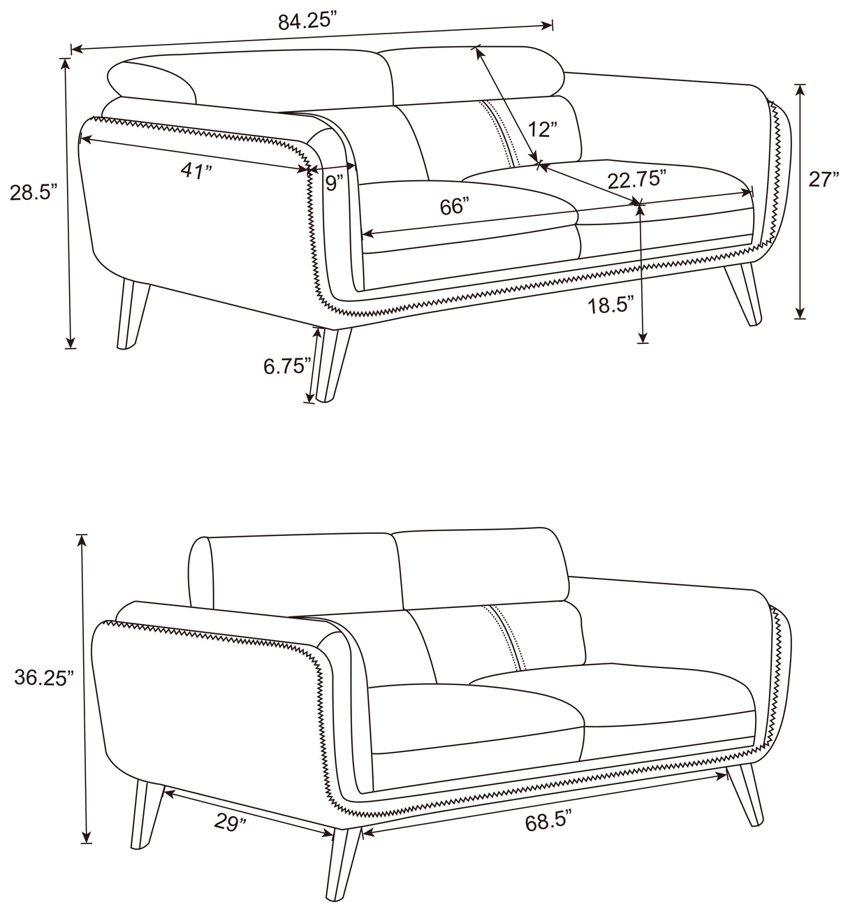 Shania Black 3-Piece Upholstered Low Back Sofa Set