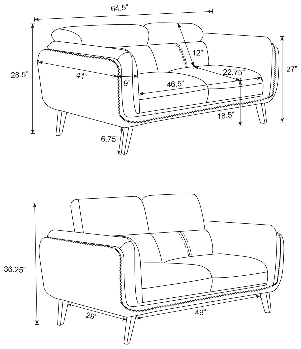 Shania Black 3-Piece Upholstered Low Back Sofa Set